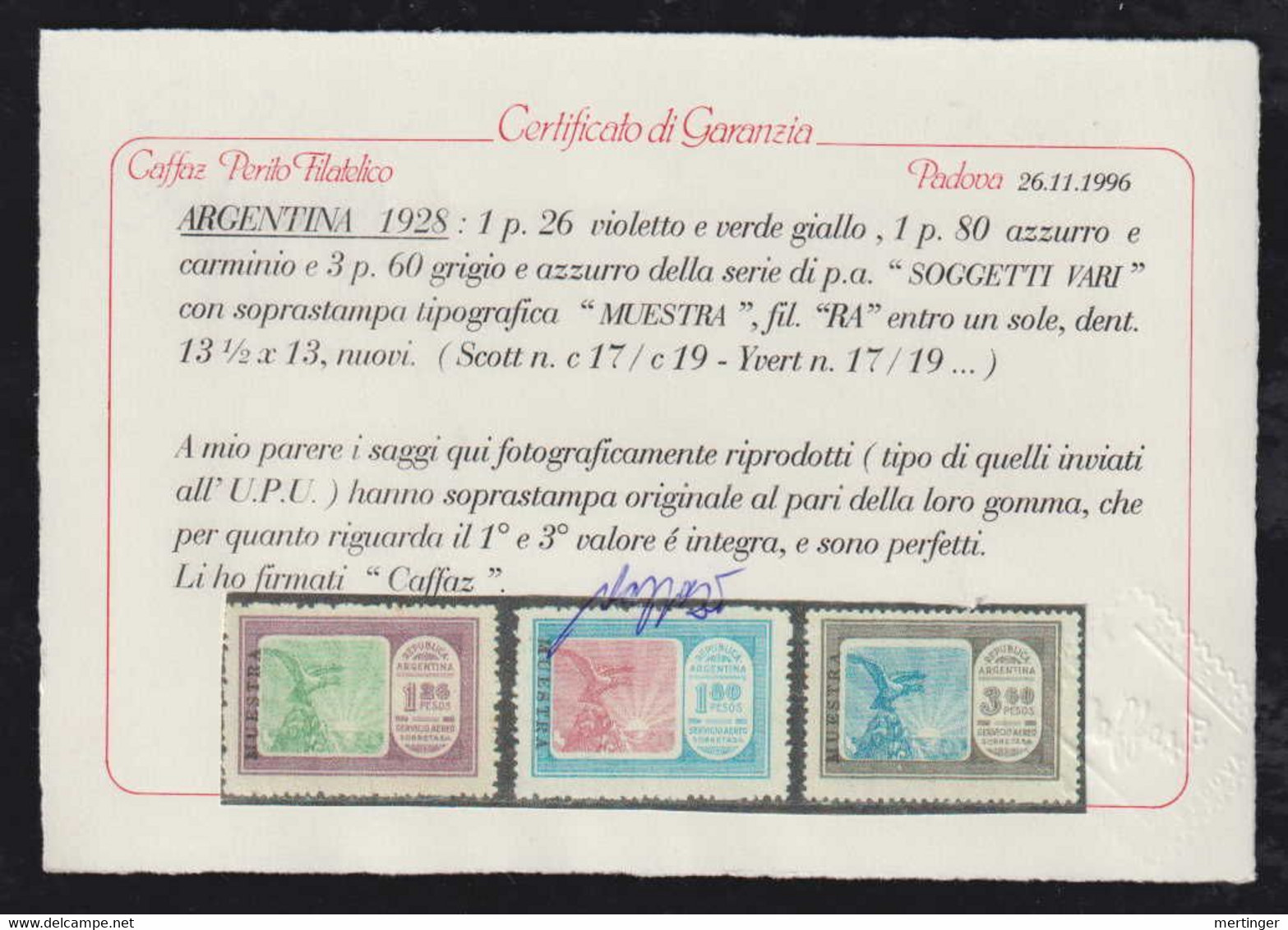 Argentina Mi# 313-31 * + ** MUESTRA Proof Set Airmail 1928 Certicicate Perito - Nuevos