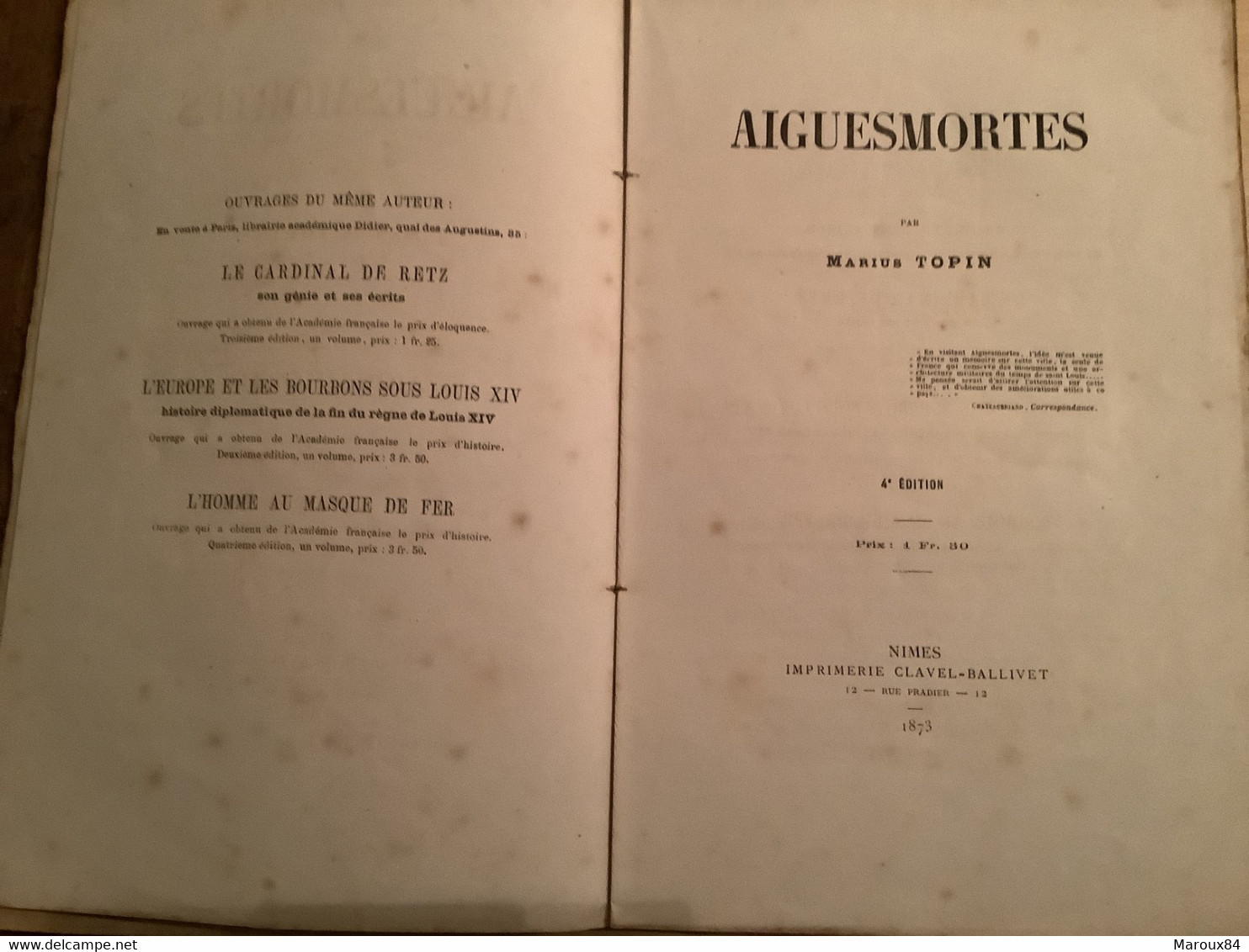 Dpt 30Livret  Aiguesmortes Par Marius Topin 4eme édition. 1873  63 Pages - 1801-1900