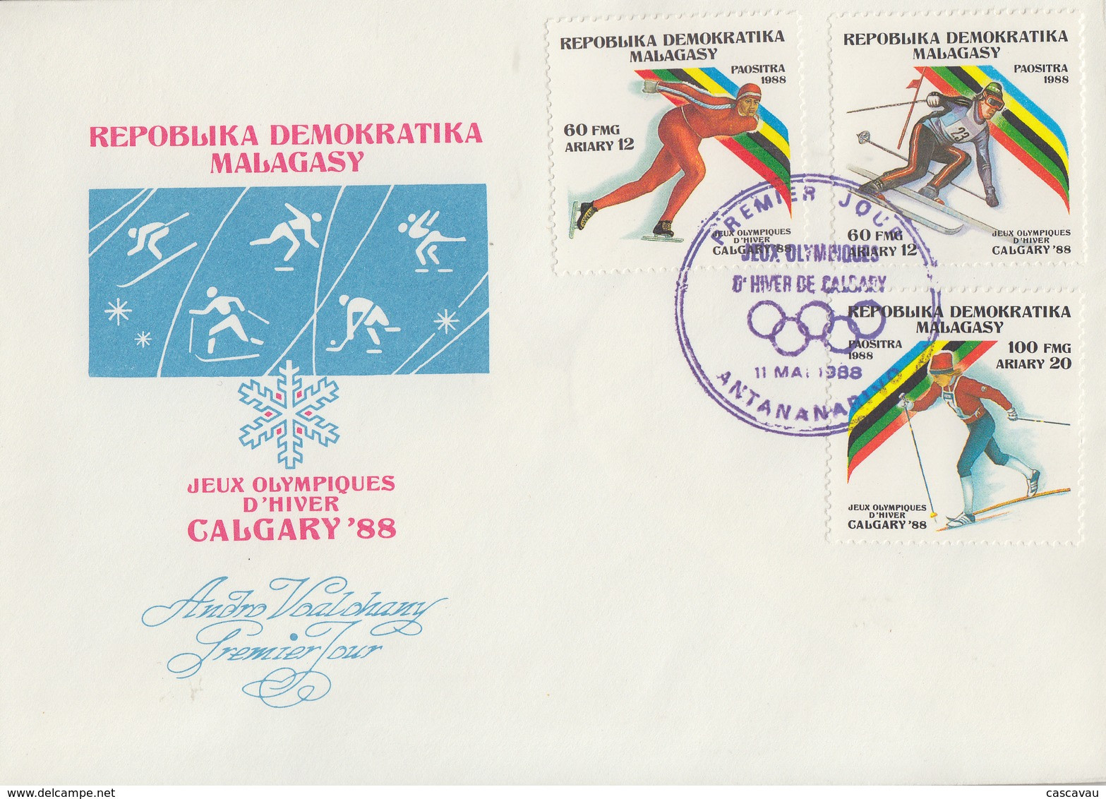 Enveloppe  FDC  1er  Jour   MADAGASCAR   JEUX   OLYMPIQUES     CALGARY    1988 - Invierno 1988: Calgary
