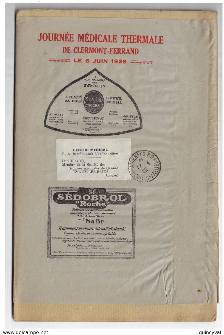 JOURNAUX P.P. * MOULINS S/ ALLIER Bande De Journal Sur Bande Revue Médical Document Complet Ob 17 4 1926 - Manual Postmarks