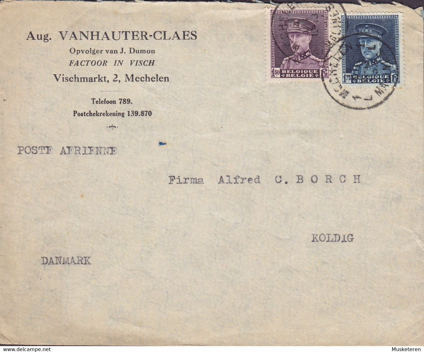 Belgium AUG. VANHAUTER-CLAES Opfolger Van J. Dumon Factoor In Visch MECHELEN 1932 Cover Lettre KOLDING Denmark Montenez - 1929-1941 Grand Montenez