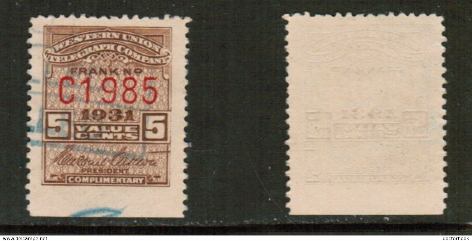 U.S.A.  1931---5 CENT WESTERN UNION TELEGRAPH STAMP USED (CONDITION AS PER SCAN) (Stamp Scan # 839-15) - Telegraph Stamps