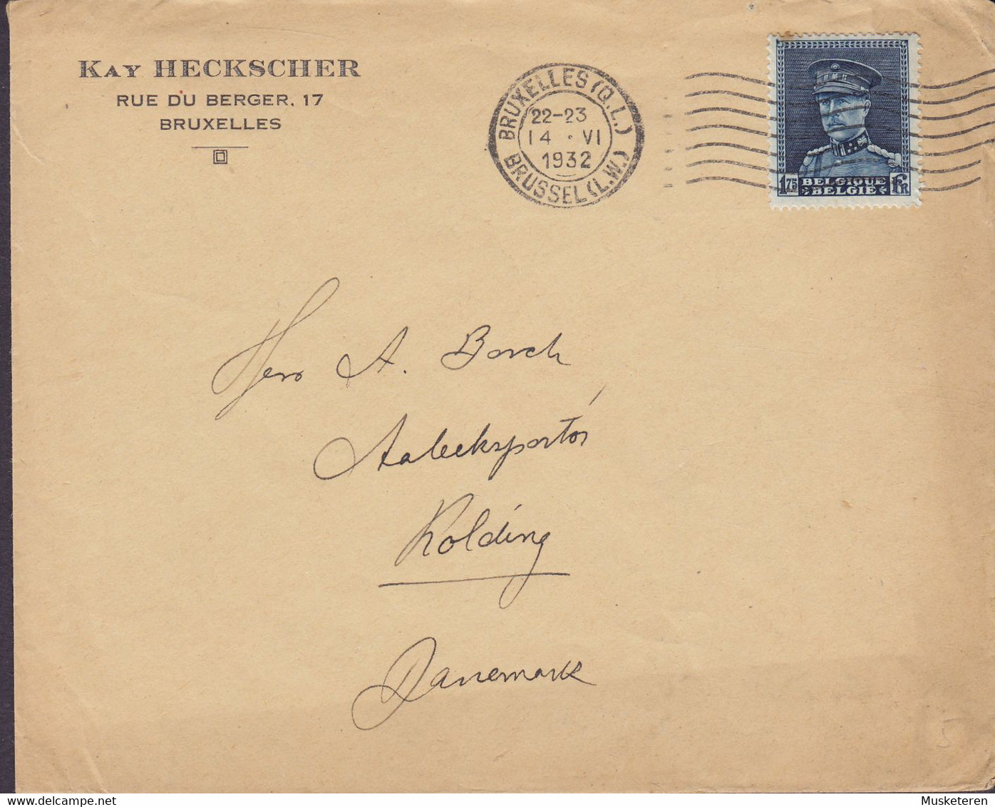 Belgium KAY HECKSCHER, BRUXELLES (Q.L.) 1932 Cover Lettre KOLDING Denmark 1.75 Fr. Montenez - 1929-1941 Grand Montenez