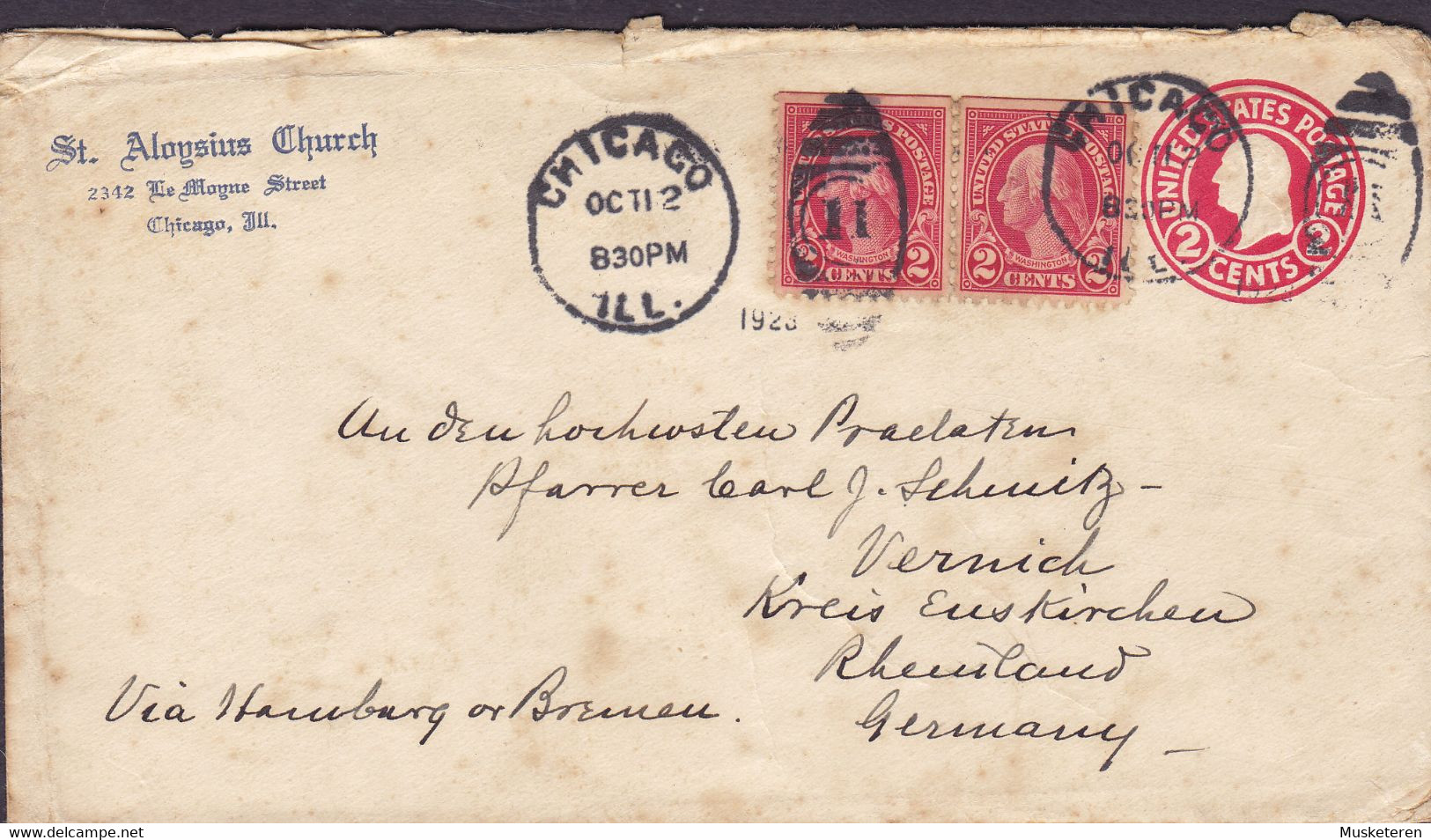 United States Uprated Postal Stationery Ganzsache PRIVATE Print ST. ALOYSIUS CHURCH, CHICAGO 1923 VERNICK Rheinland - 1921-40