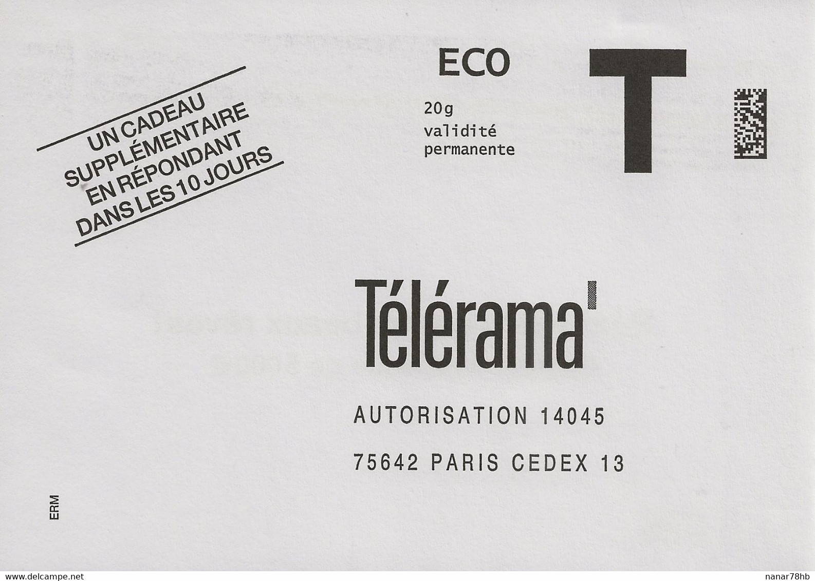 Lettre T , Télérama (revue) Eco 20g - Cartes/Enveloppes Réponse T