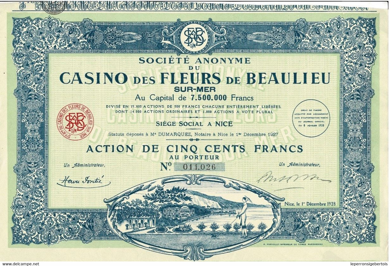 Titre Ancien - Société Anonyme Du Casino Des Fleurs De Beaulieu-sur-Mer -Titre De 1928 - Déco - - Casino'