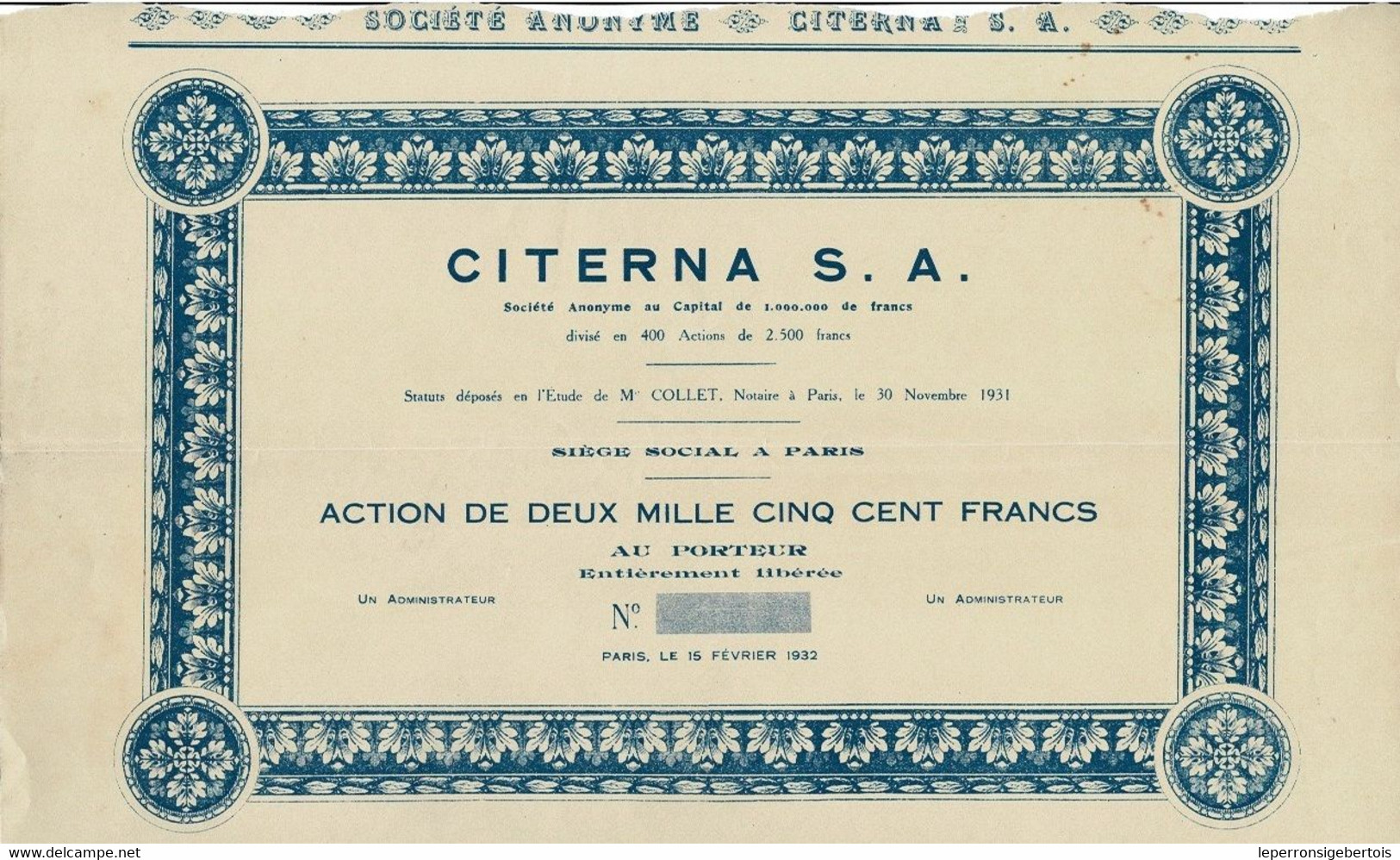 Titre De 1932 - Citerna S. A. - Blanco - Pétrole