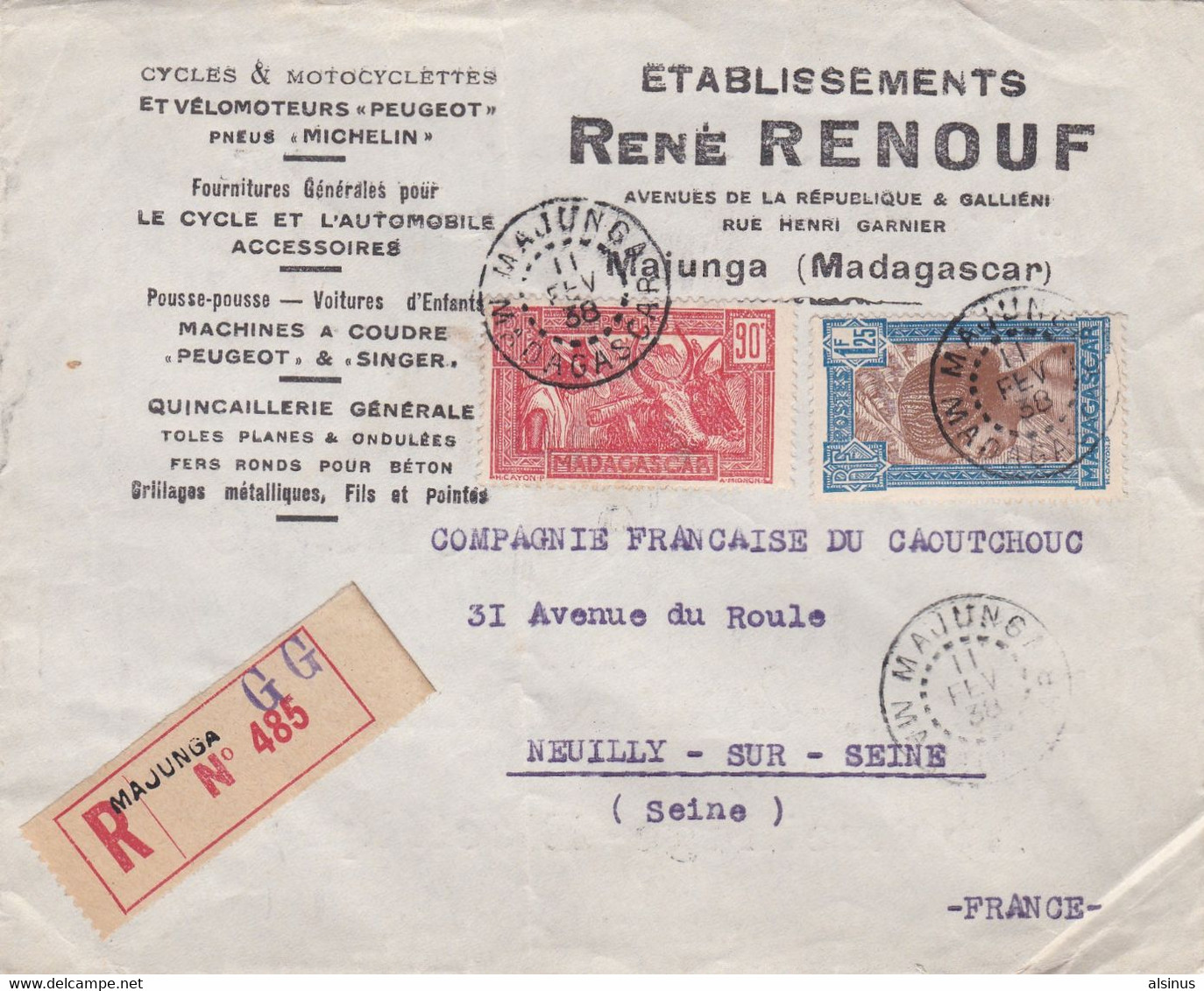 MADAGASCAR - 90C ROUGE (174) - 1F25 BLEU ET BRUN (175B) - 11 FEV 1938 - SUR LETTRE - ETABLISSEMENTS RENE RENOUF - Storia Postale