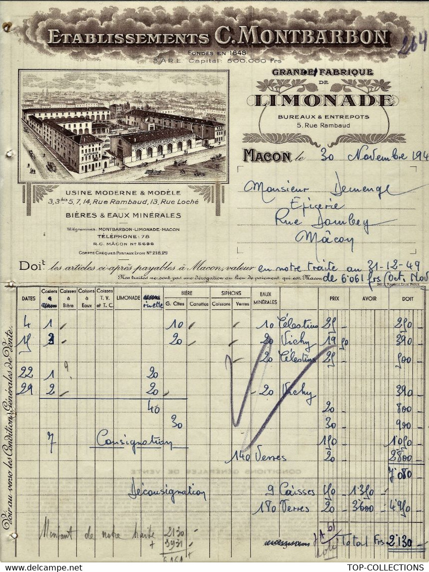 1949 ENTETE LITHOGRAPHIEE C.MONTBARBON Fabrique De Limonade à Macon Saone Et Loire  Pour Demenge Macon B.E.V.SCANS - 1900 – 1949