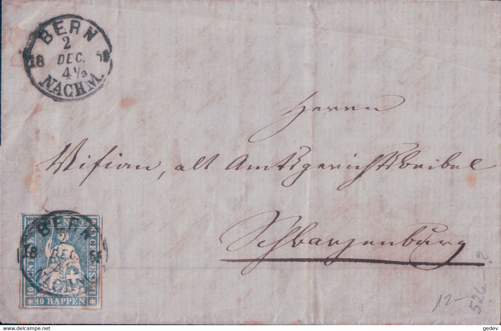 Suisse, Helvetia Assise Non Dentelé Sur Lettre, Cachet  Bern (2.12.1859) - Storia Postale