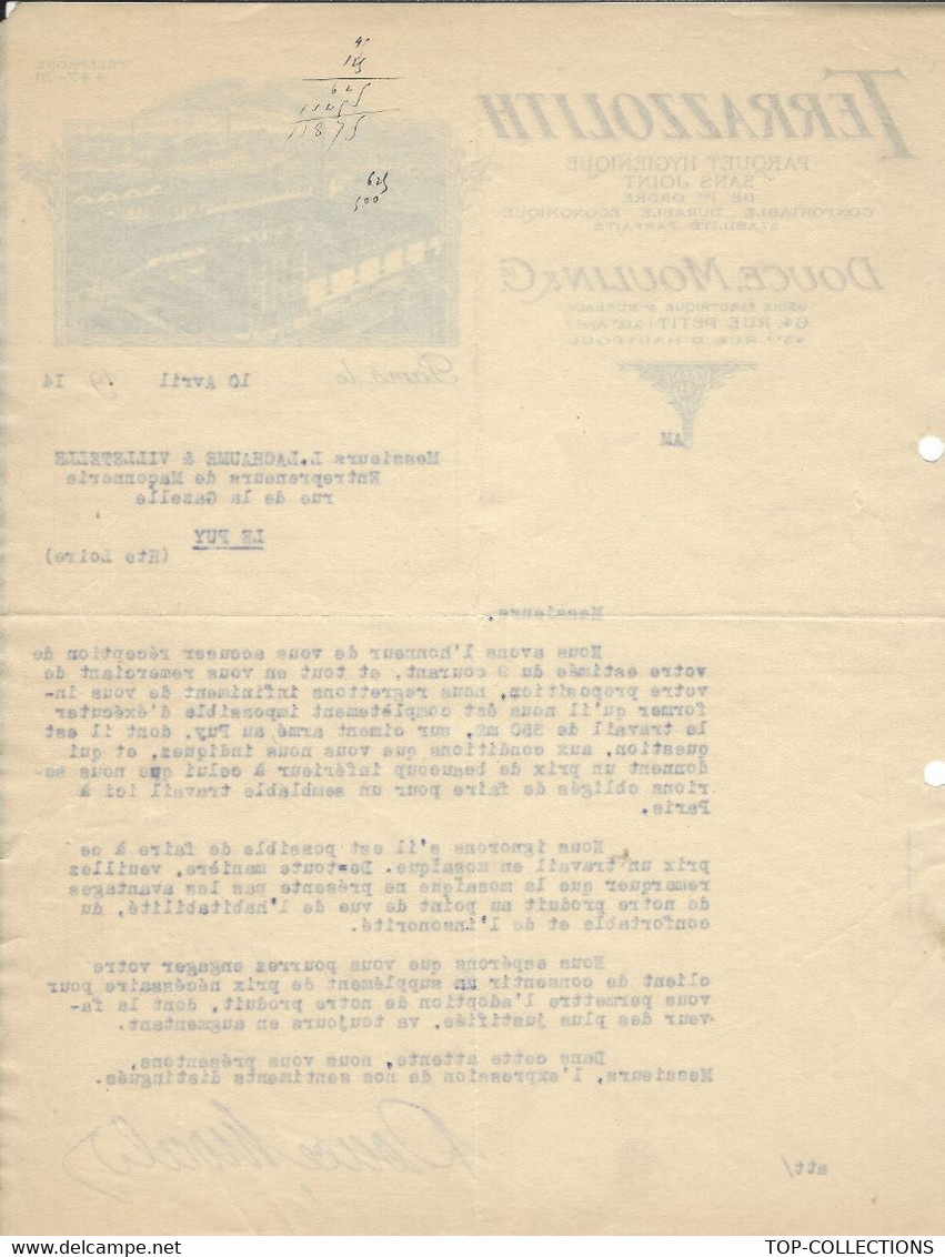 1914 ENTETE TERRAZZOLITH USINE FABRICATION PARQUET HYGIENIQUE Douce Moulin Paris Pour Le Puy Haute Loire B.E. V.SCANS - 1900 – 1949