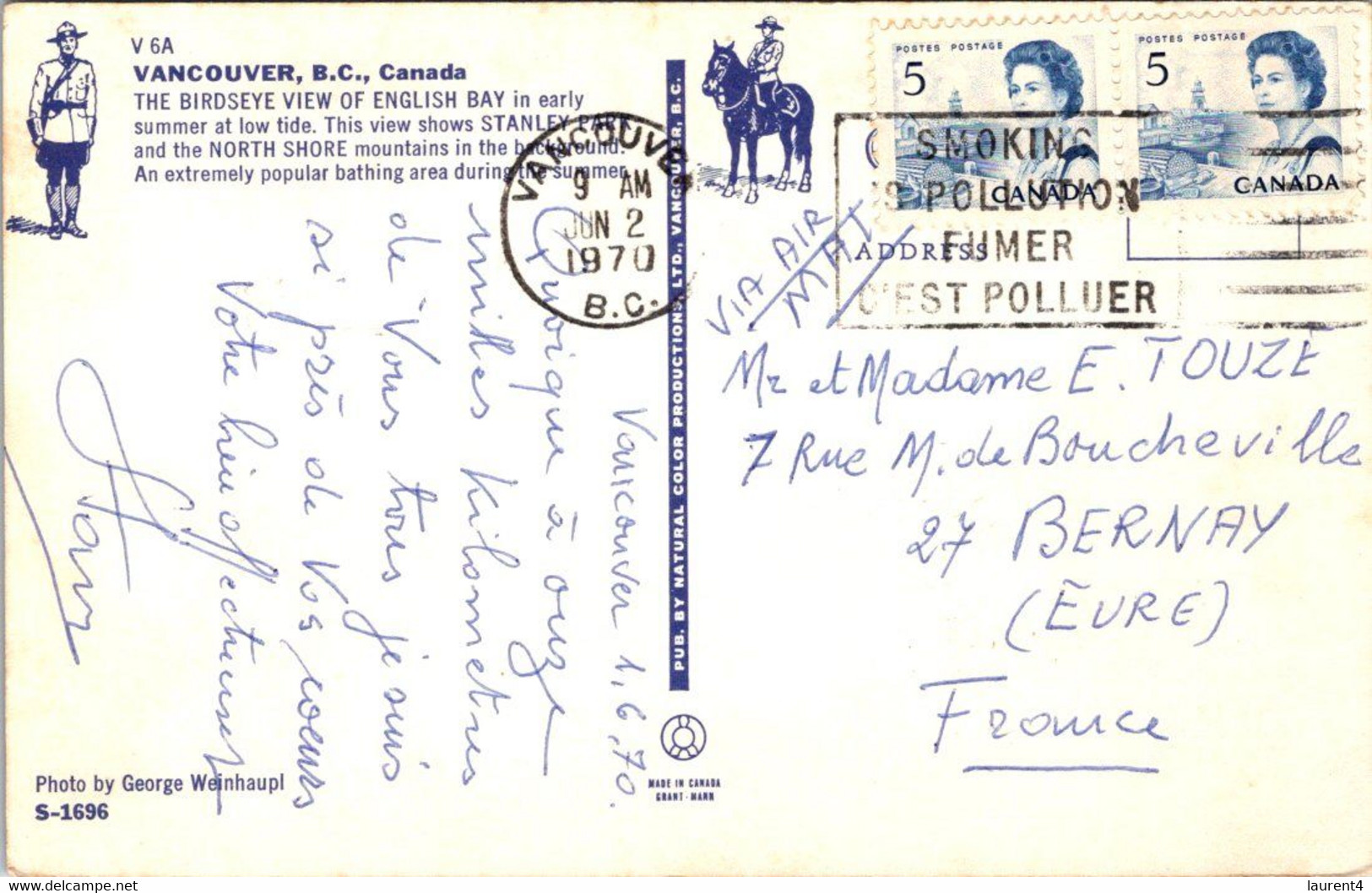 (1 N 21) OLDER - Canada - BC - Vancouver BC (posted To FRance 1970) - Vancouver