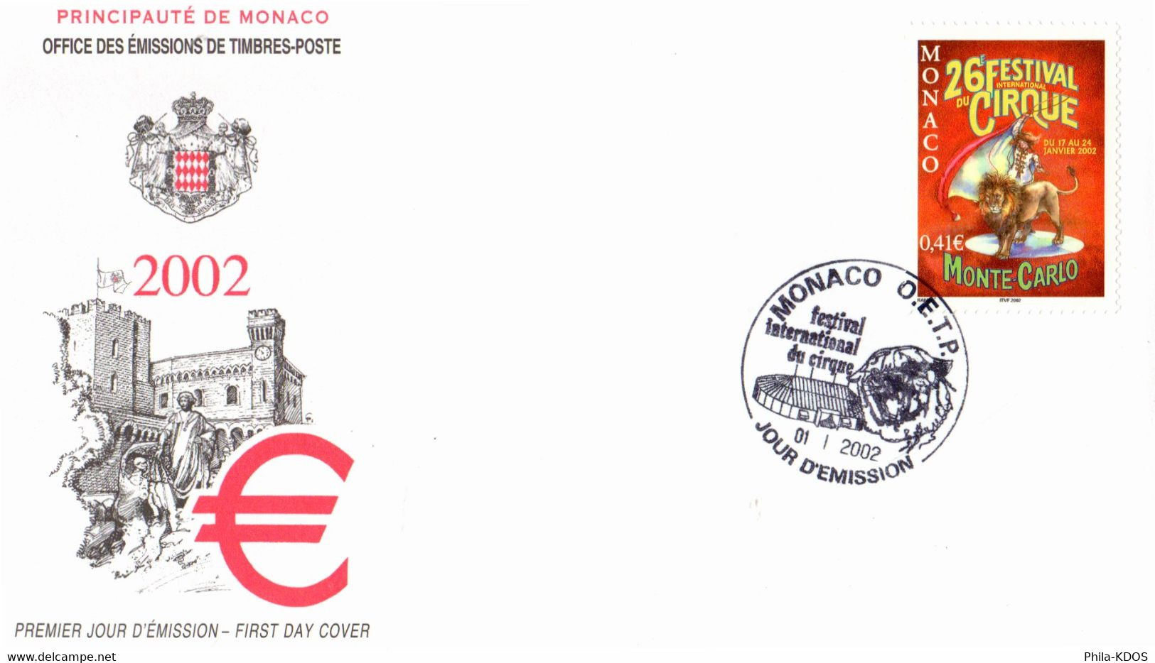 " 26éme FESTIVAL DU CIRQUE DE MONTE-CARLO " Sur Enveloppe 1er Jour De MONACO De 2002 N°YT 2319 Parf. état FDC - Cirque