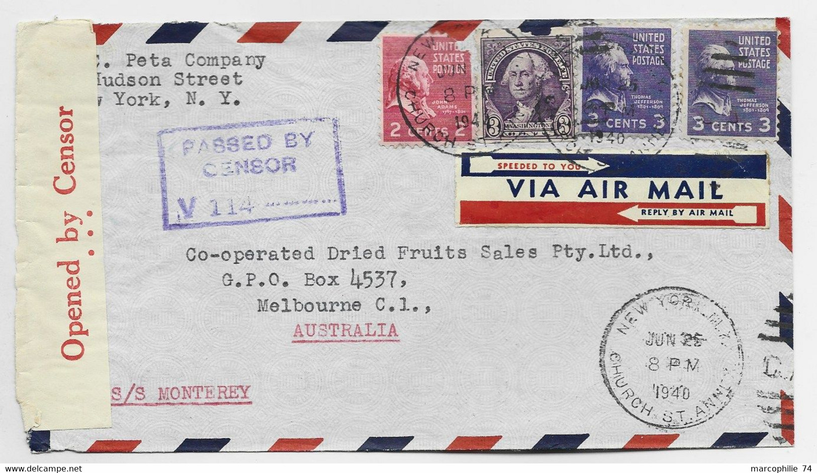 USA LETTRE COVER AIR MAIL NEW YORK TO AUSTRIALA PASSED CENSOR V 114 - Brieven En Documenten
