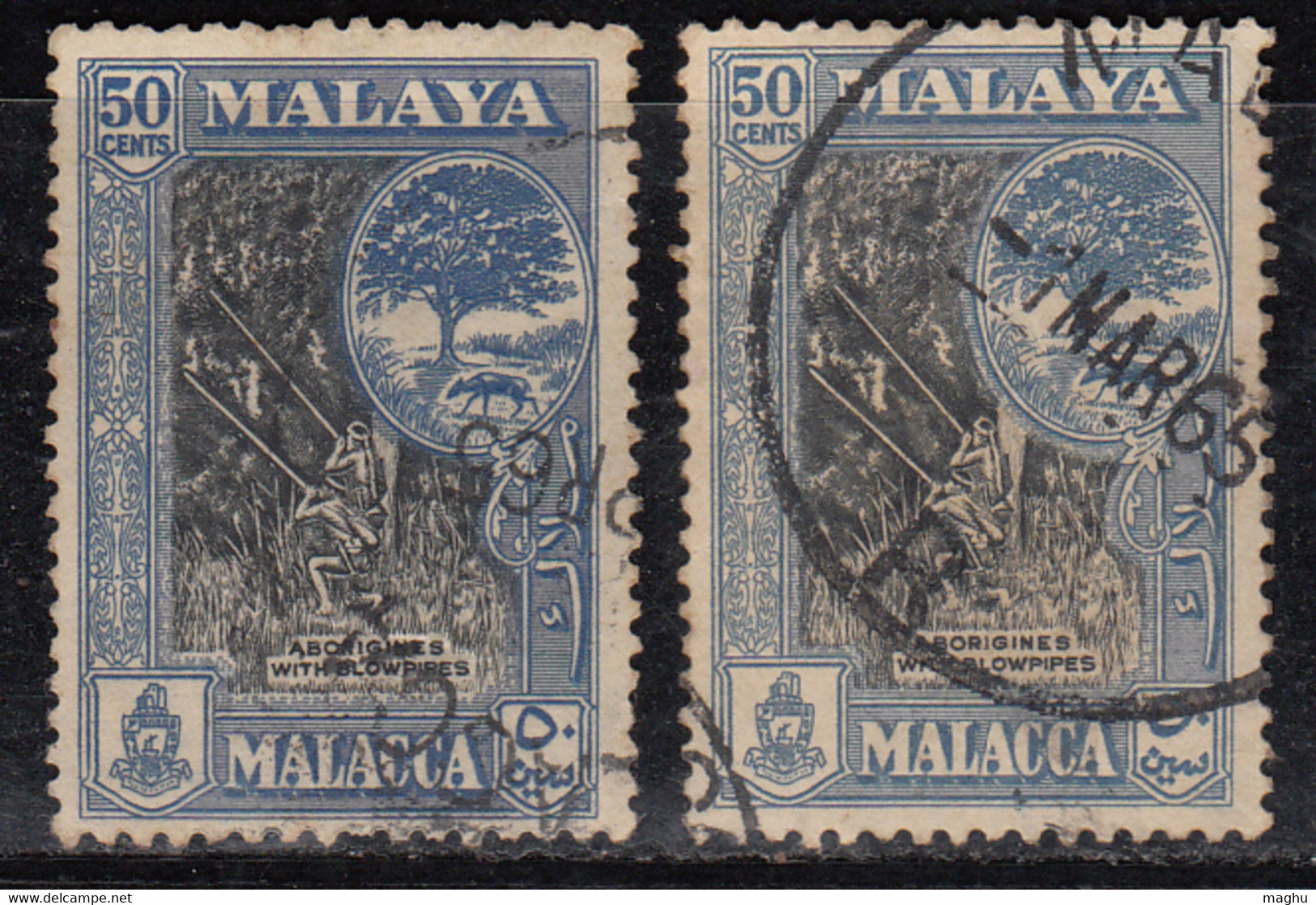 2 Diff., 50c Colour Variety Malacca Used 1960  SG57 & 57a, Malaya, Malaysia, Aborignies, Blowpipe, Animal, Mouse Deer - Malacca