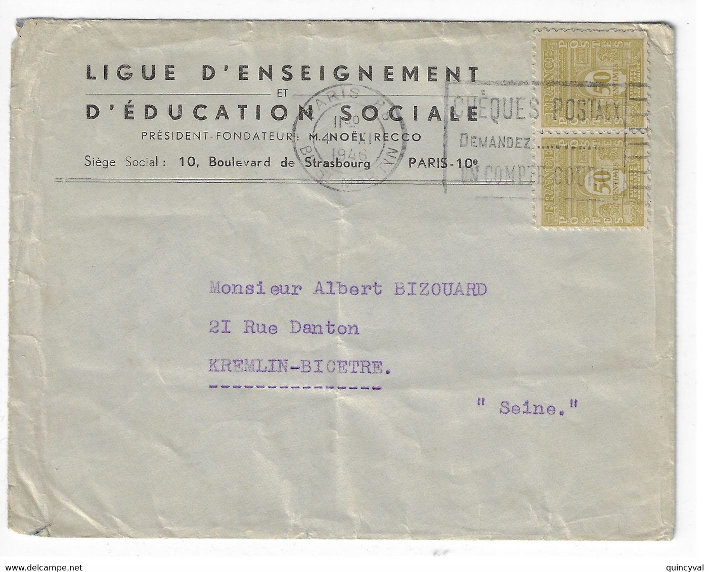 PARIS 88 Lettre Entête Ligue Enseignement 50c Arc De Triomphe Yv 623 Ob Meca 4 11 1946 - Briefe U. Dokumente