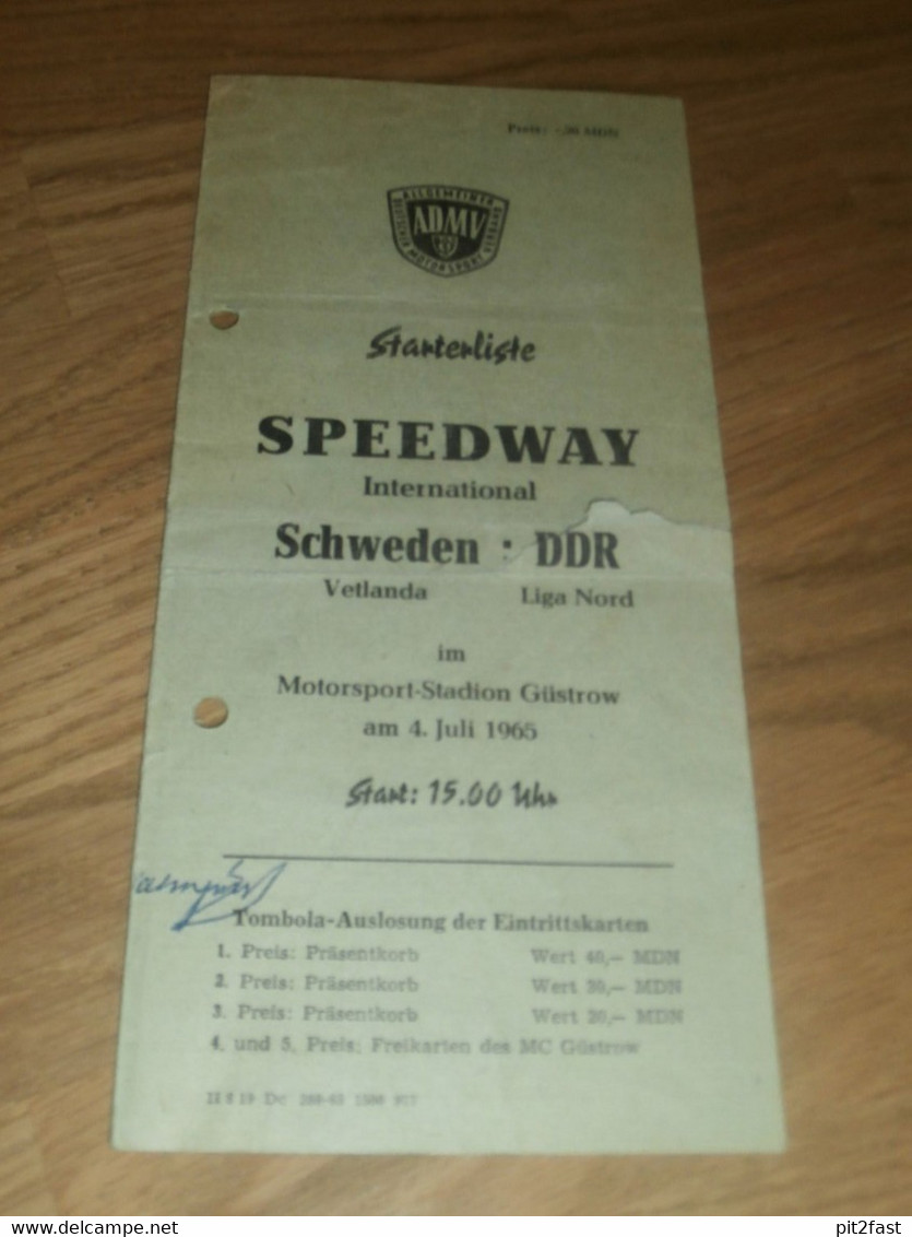 Speedway Güstrow 4.7.1965 , Schweden - DDR , Vetlanda , Programmheft / Programm / Rennprogramm , Program !!! - Motos