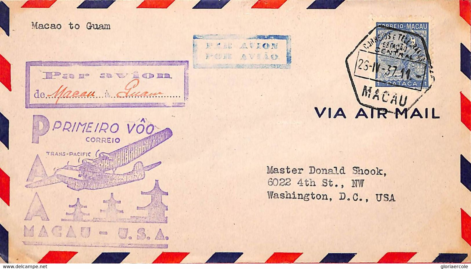 Aa6732 - MACAU Macao   POSTAL HISTORY - FIRST FLIGHT COVER To USA 1937 Guam - Covers & Documents