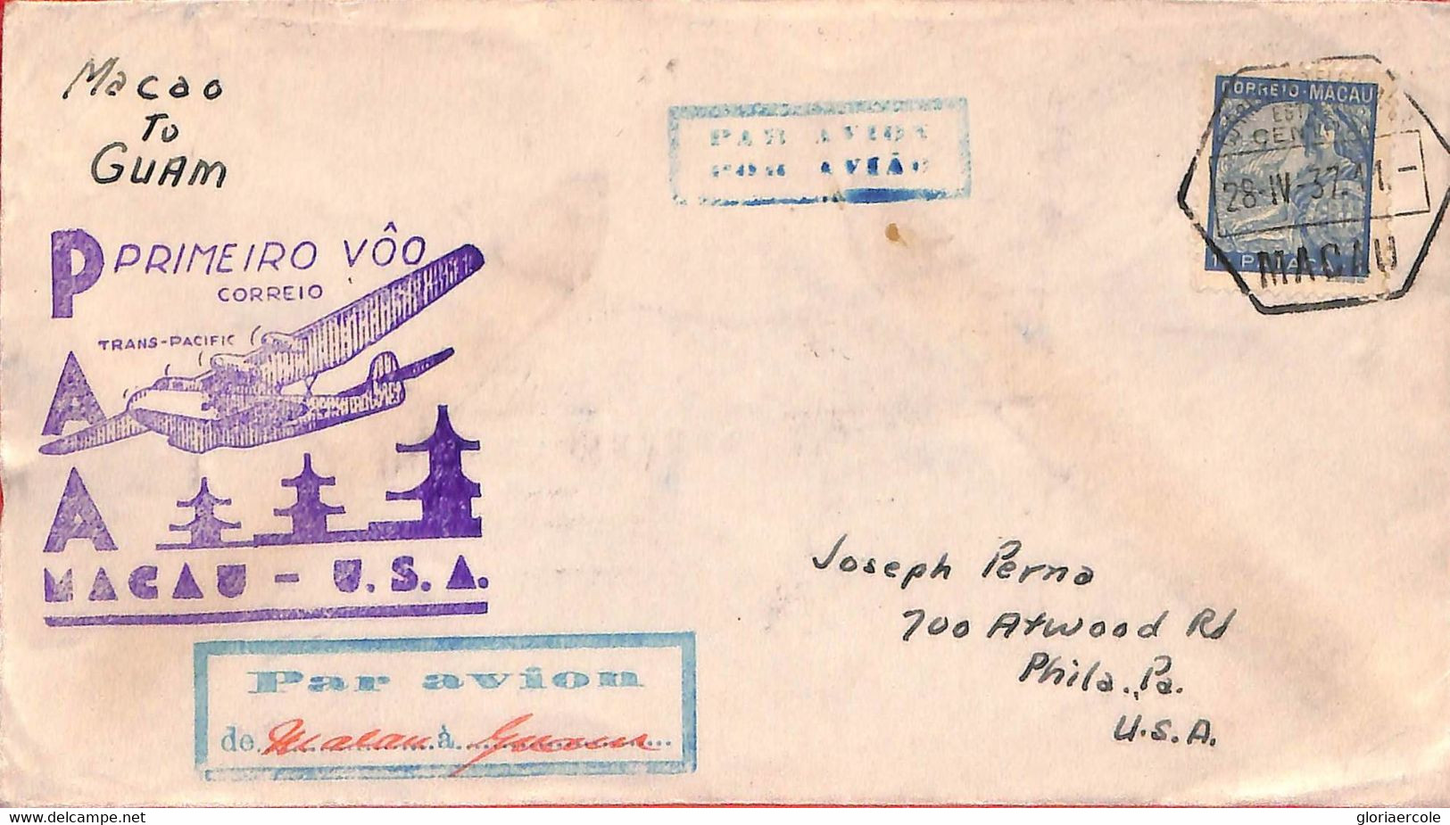 Aa6737  - MACAU Macao   POSTAL HISTORY - FIRST FLIGHT COVER To USA 1937 Guam - Brieven En Documenten