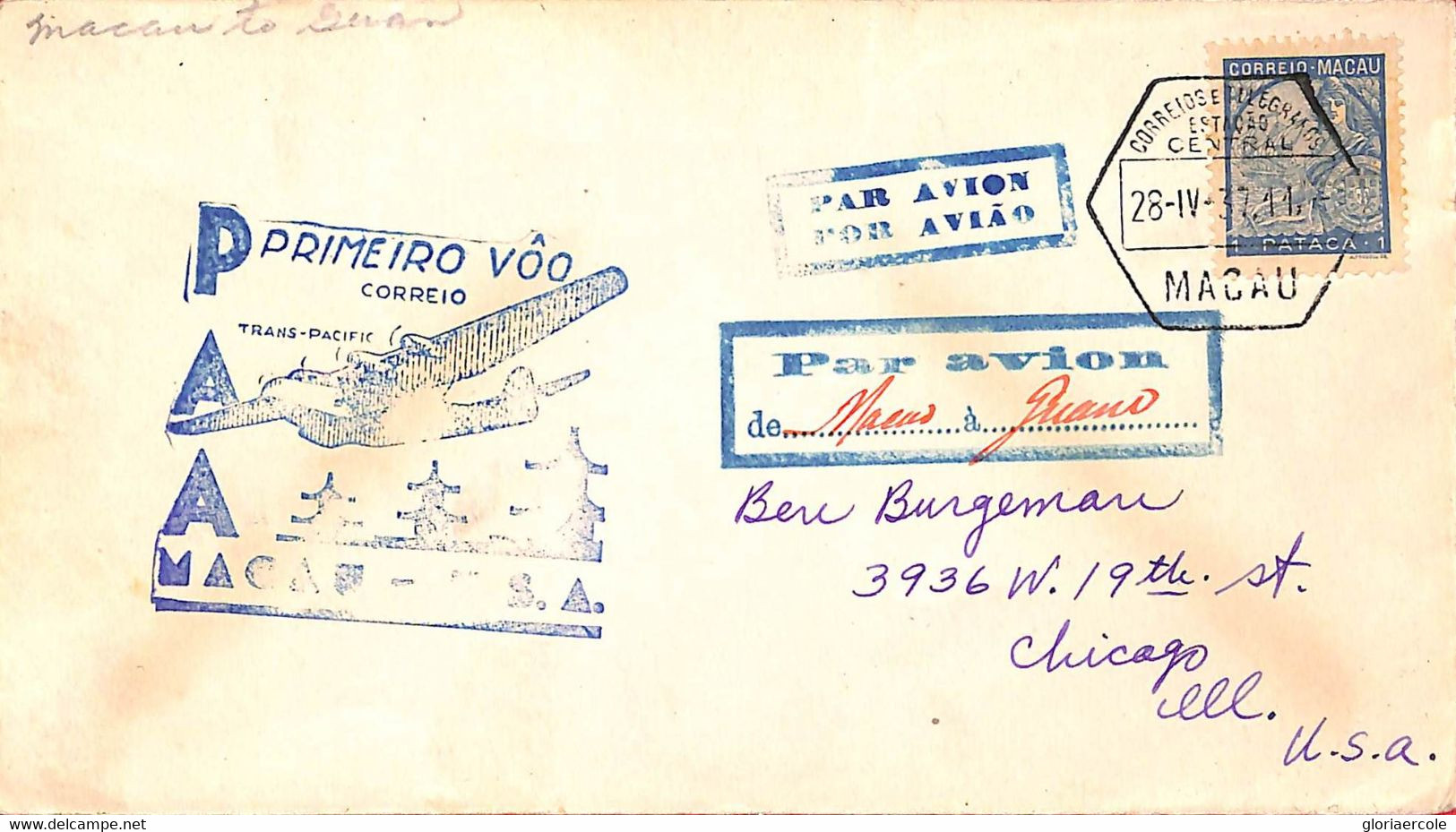 Aa6738 - MACAU Macao   POSTAL HISTORY - FIRST FLIGHT COVER To USA 1937 Guam - Covers & Documents