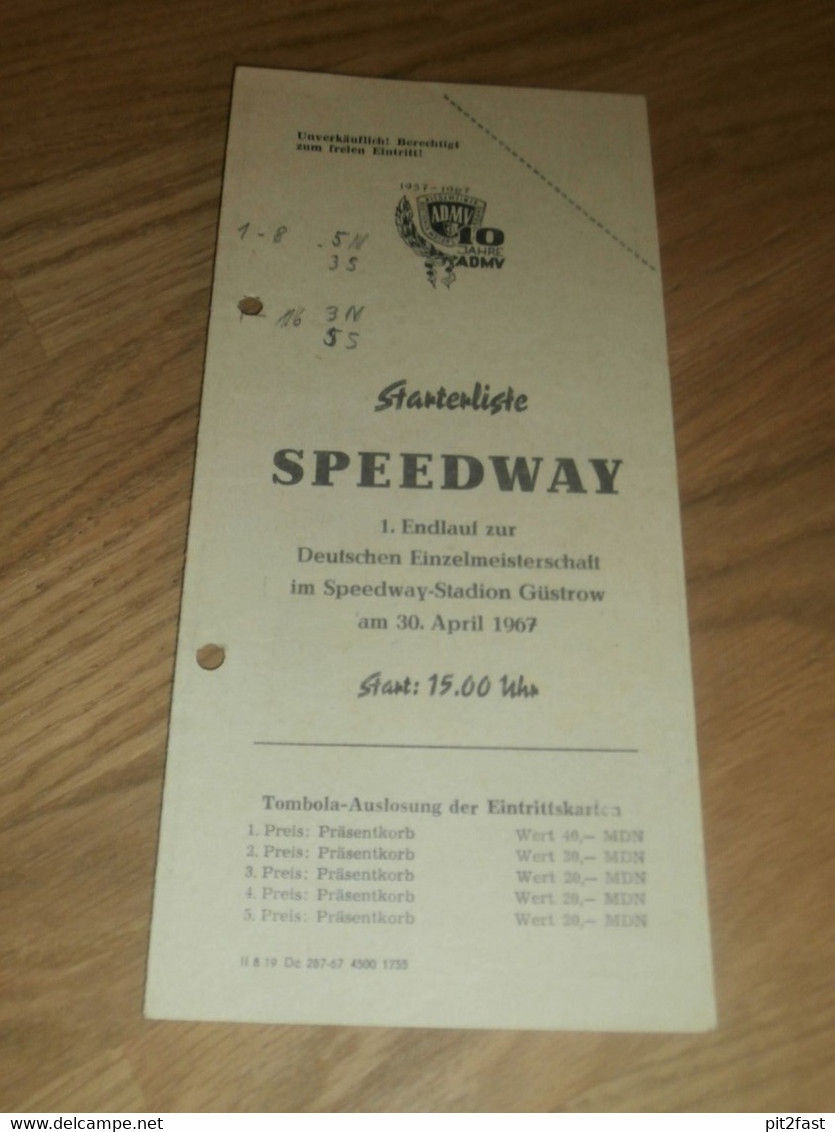 Speedway Güstrow 30.4.1967 , Finale Deutsche Meisterschaft , Programmheft / Programm / Rennprogramm , Program !!! - Motos