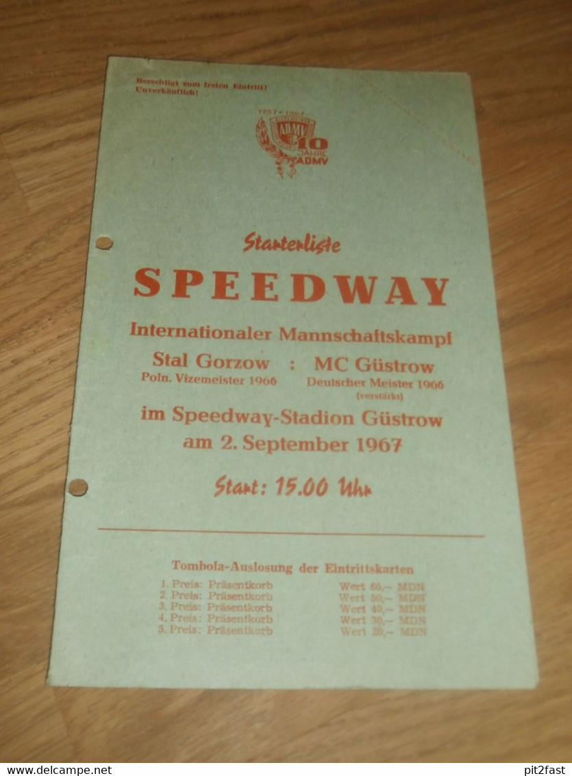Speedway Güstrow 2.9.1967 , Stal Gorzow - MC Güstrow , Programmheft / Programm / Rennprogramm , Program !!! - Motos