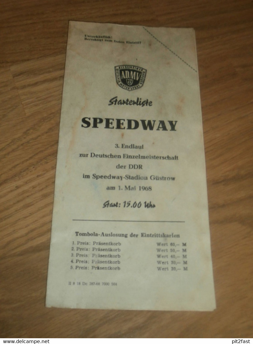 Speedway Güstrow 1.5.1968 , Deutsche Meisterschaft , Programmheft / Programm / Rennprogramm , Program !!! - Motos