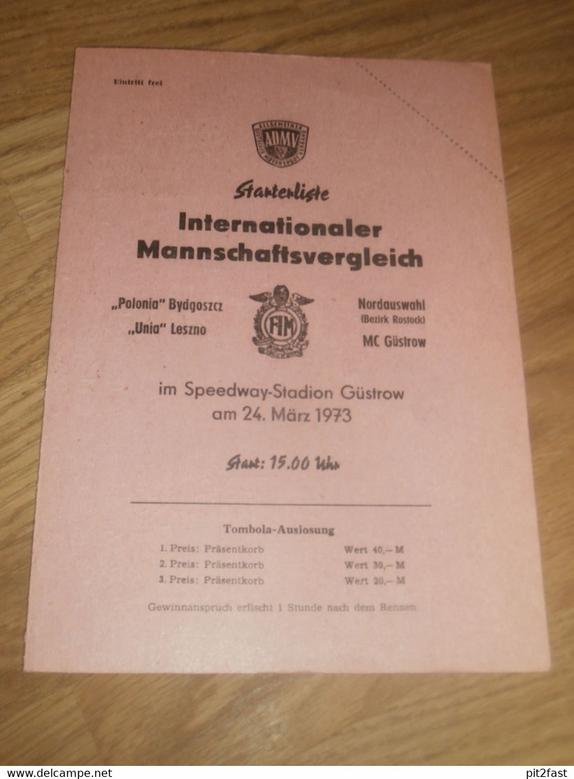 Speedway Güstrow 24.3.1973 , Bydgoszcz , Leszno , Rostock  , Programmheft / Programm / Rennprogramm , Program !!! - Motos