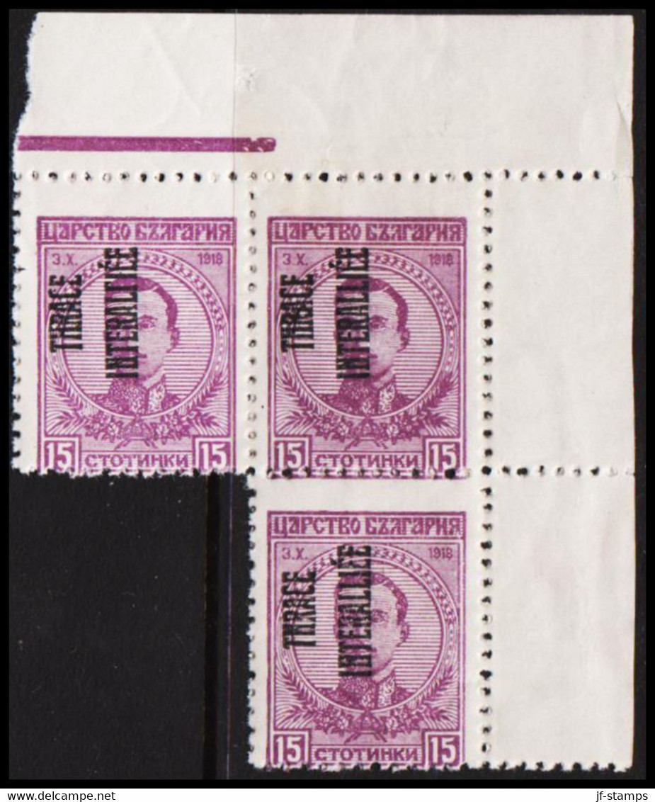 1919. THRACE INTERALLIEE. Bulgarian 15 St In Margin 3-block With Overprint THRACE INTERALLIEE. ... (Michel 5) - JF527340 - Thracië