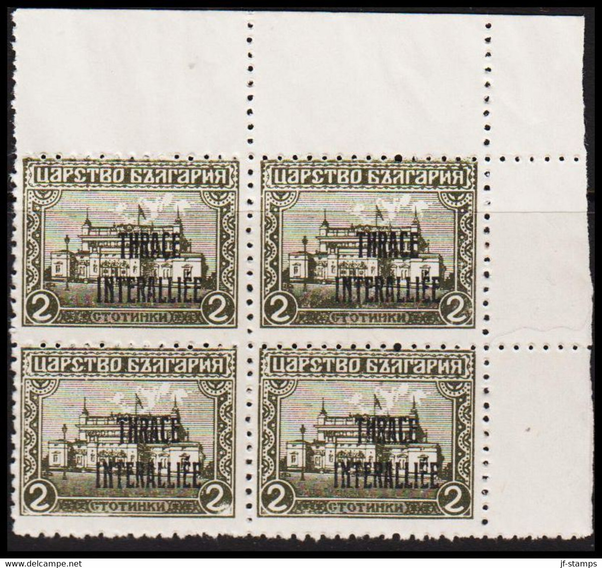 1919. THRACE INTERALLIEE. Bulgarian 2 St In Margin 4-block With Overprint THRACE INTERALLIEE. N... (Michel 2) - JF527342 - Thrace