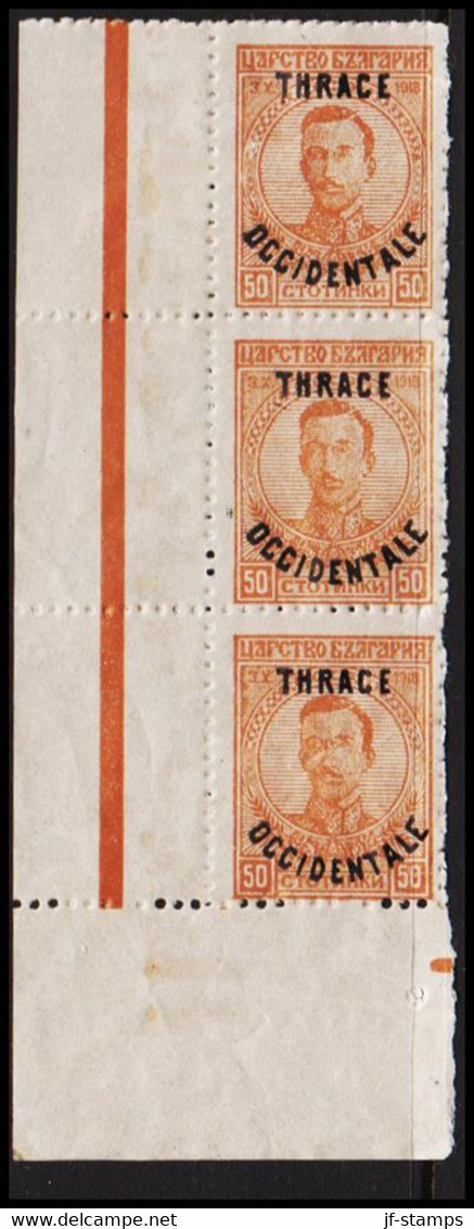 1920. THRACE INTERALLIEE. Bulgarian 50 St In 3-stripe With Overprint THRACE OCCIDENTALE. Never... (Michel 25) - JF527344 - Thrace