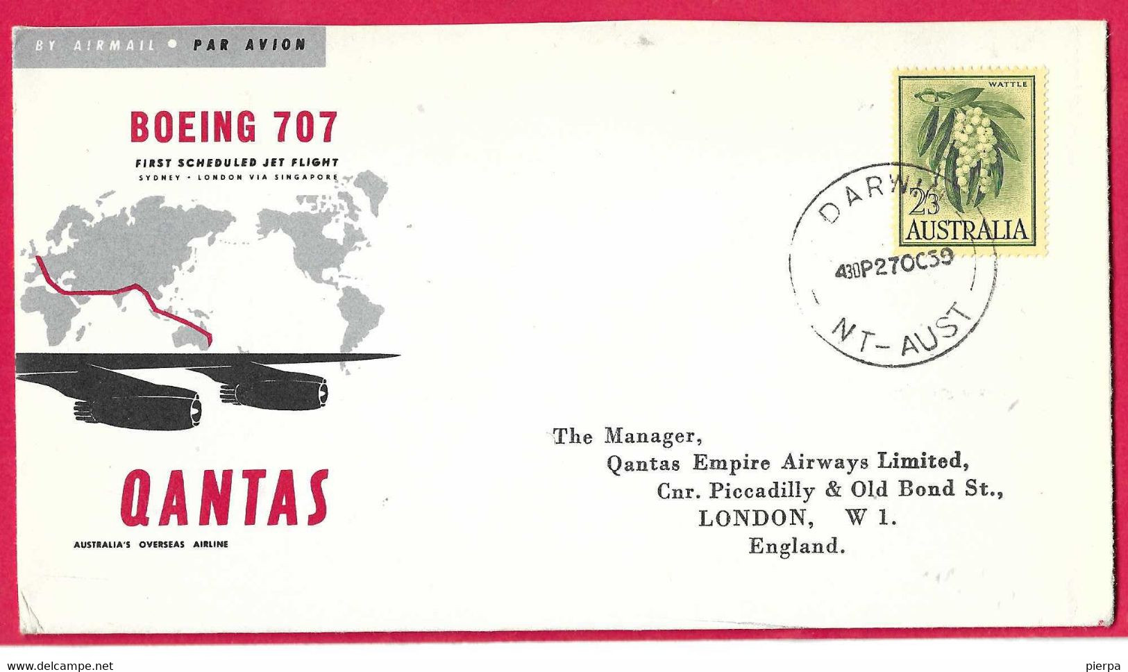 AUSTRALIA - FIRST JET FLIGHT QANTAS ON B.707 FROM DARWIN TO LONDON *27.OCT.1959 *ON OFFICIAL ENVELOPE - Premiers Vols