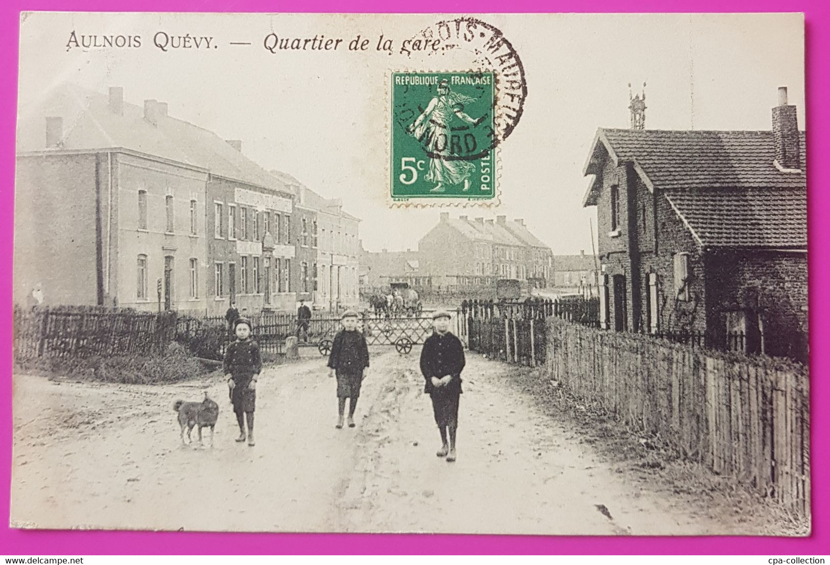 Cpa Aulnois Quevy Quartier Gare Passage à Niveau Carte Postale Hainaut Belgique Rare - Quevy