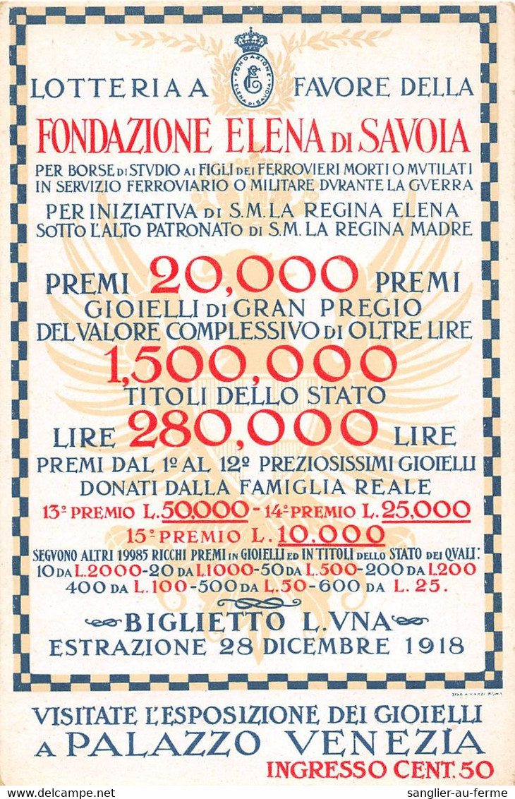 CPA GUERRE / ITALIE / LOTTERIA FONDAZIONE ELENA DI SAVOIA - Guerra 1914-18