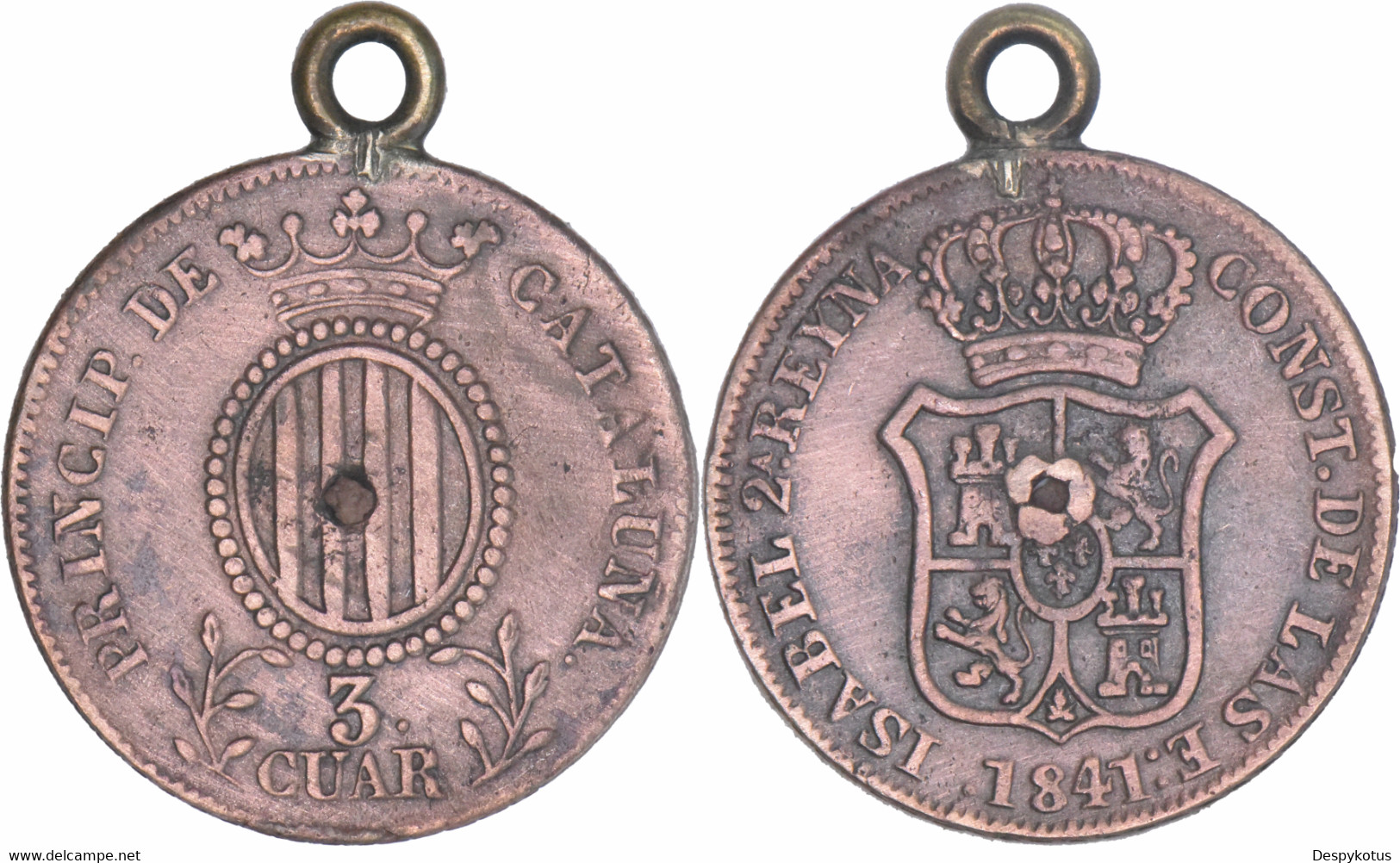 Espagne - Principauté De Catalogne - 1841 - 3 Cuartos - Isabel II - Monté En Pendentif Et Percé - KM.126 - 12-080 - Monedas Provinciales