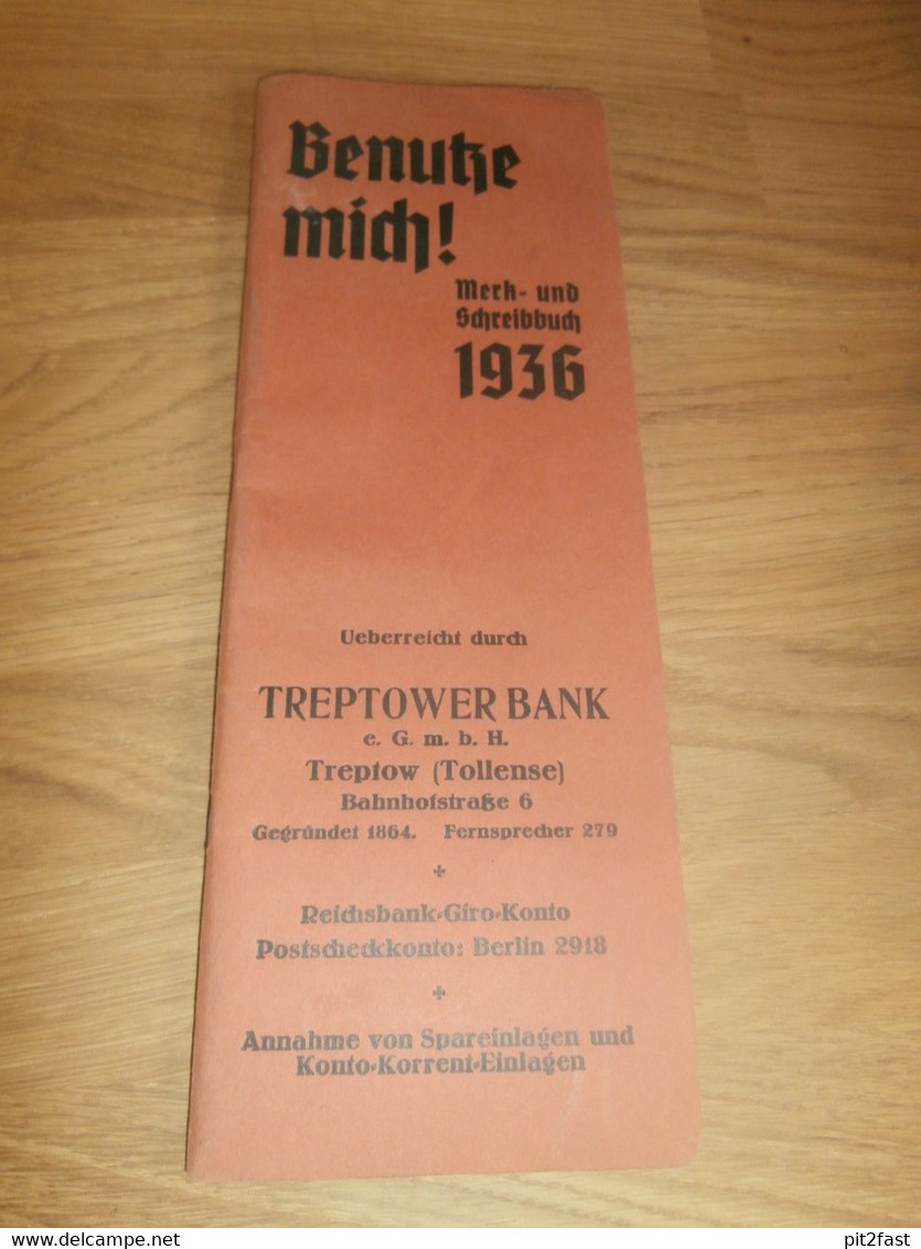 Treptower Bank In Treptow A. Tollense , 1936 , Merk- Und Schreibbuch , Neubrandenburg , Mecklenburg , Altentreptow !!! - Big : 1921-40