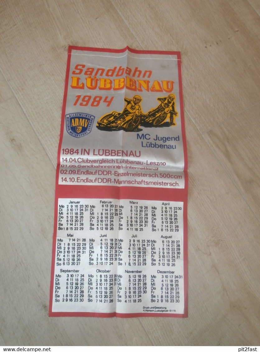 Sandbahn MC Jugend Lübbenau , 1984 , Großer Stoffkalender , ADMV Terminkalender , DDR , Speedway , Bahnsport !!! - Motos