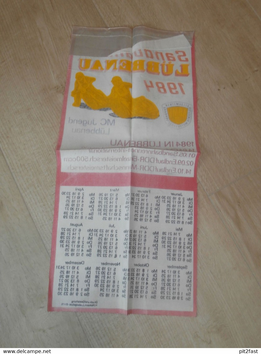 Sandbahn MC Jugend Lübbenau , 1984 , Großer Stoffkalender , ADMV Terminkalender , DDR , Speedway , Bahnsport !!! - Motos