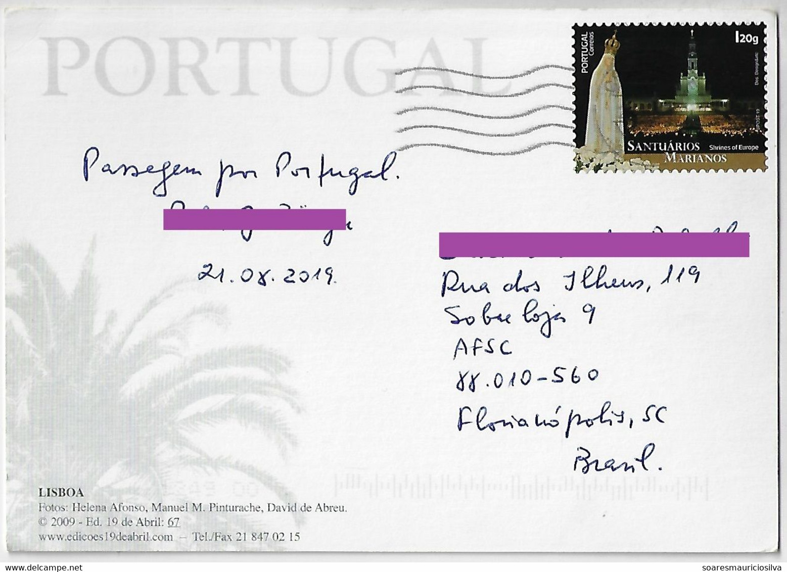 Portugal 2016 Postcard Sent To Brasil Marian Sanctuaries Shrines Of Europe Electronic Sorting Mark NEC ENSEC - Briefe U. Dokumente