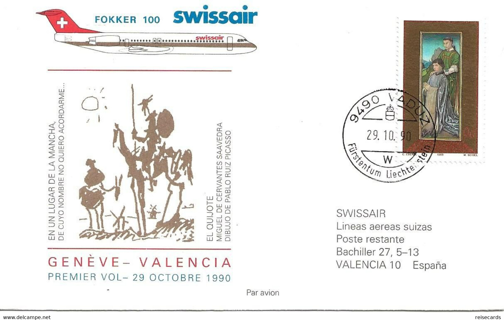 Liechtenstein: 1990 Swissair Air Mail Brief Genève - Valencia - Briefe U. Dokumente