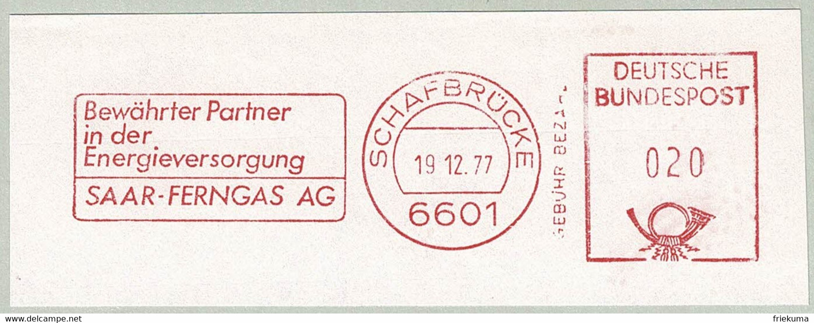 Deutsche Bundespost 1977, Freistempel / EMA / Meterstamp Saar-Ferngas Schafbrücke, Gas / Gaz, Energie / Energy - Gas