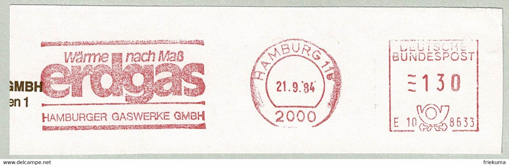 Deutsche Bundespost 1984, Freistempel / EMA / Meterstamp Gaswerke Hamburg, Erdgas, Gaz, Energie / Energy - Gas