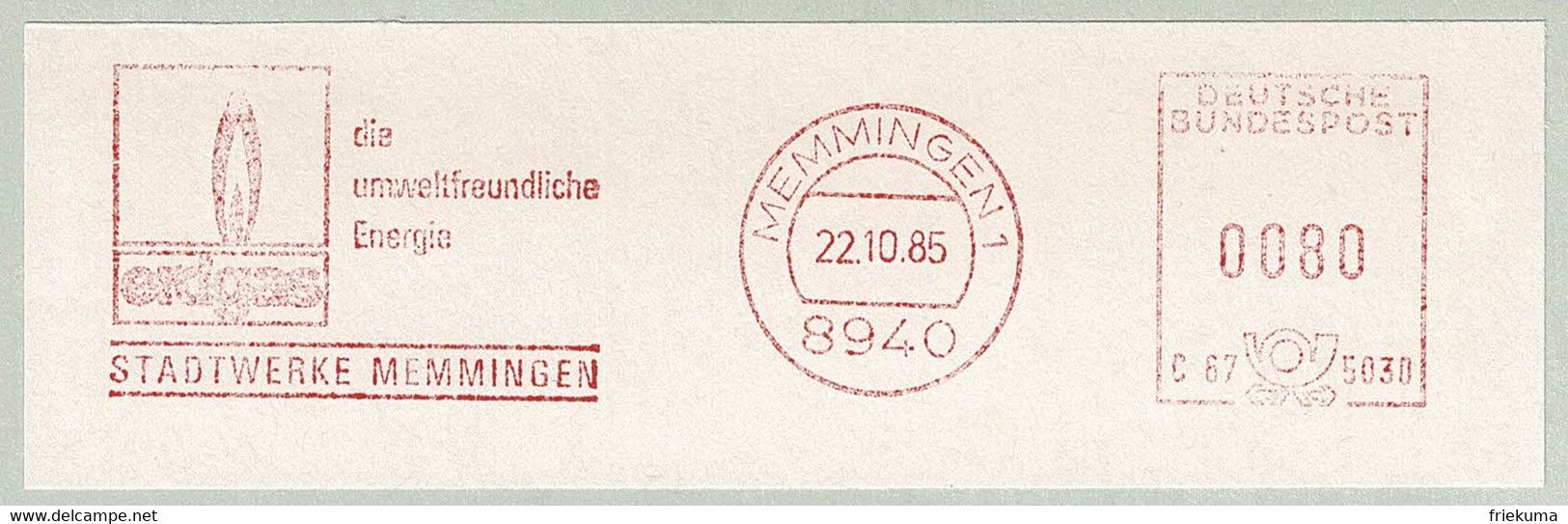 Deutsche Bundespost 1985, Freistempel / EMA / Meterstamp Stadtwerke Memmingen, Erdgas, Gas / Gaz, Energie / Energy - Gaz