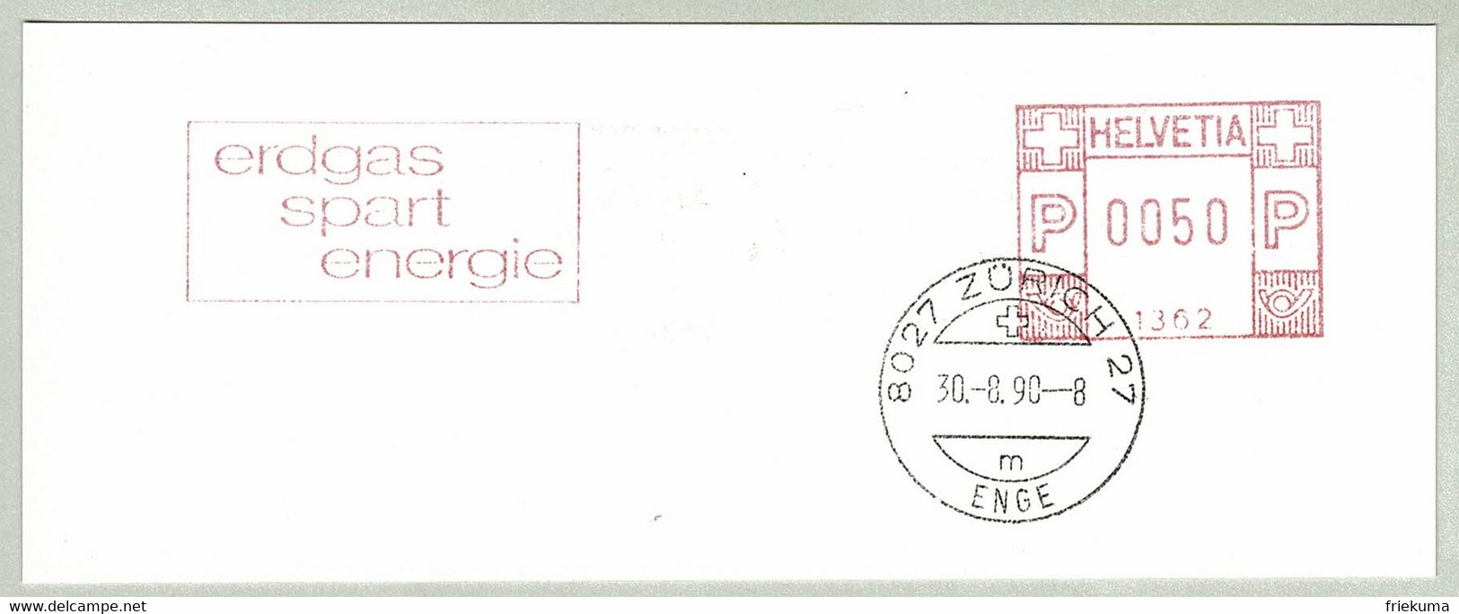 Schweiz / Helvetia 1990, Freistempel / EMA / Meterstamp Erdgas Zürich, Gas / Gaz, Energie / Energy - Gas