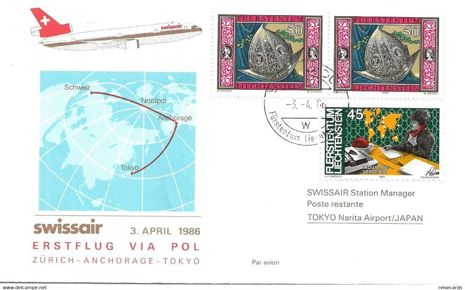 Liechtenstein: 1986 Swissair Air Mail Brief Zürich - Anchorage - Tokyo - Storia Postale