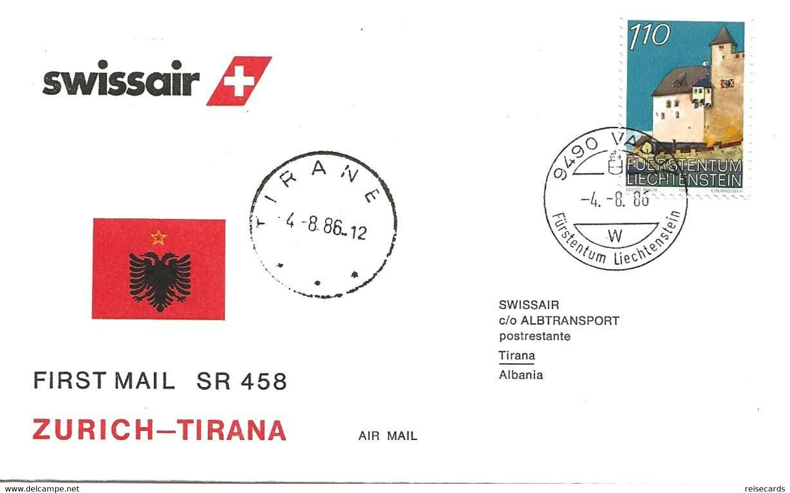 Liechtenstein: 1986 Swissair Air Mail Brief Zürich - Tirana - Storia Postale