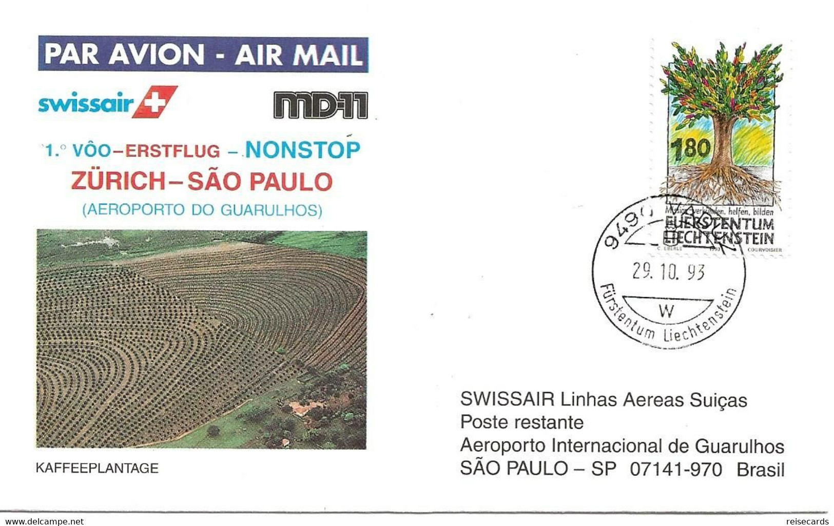 Liechtenstein: 1993 Swissair Air Mail Brief Zürich - São Paulo - Lettres & Documents