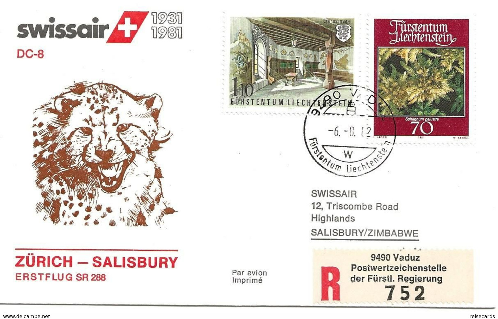 Liechtenstein: 1982 Swissair Air Mail Brief Zürich - Salisbury - Briefe U. Dokumente