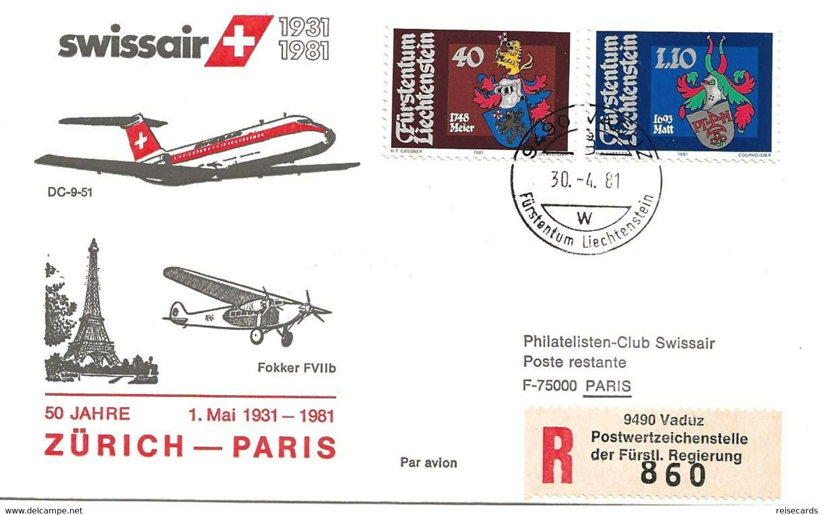 Liechtenstein: 1981 Swissair Air Mail Brief Zürich - Paris - Covers & Documents