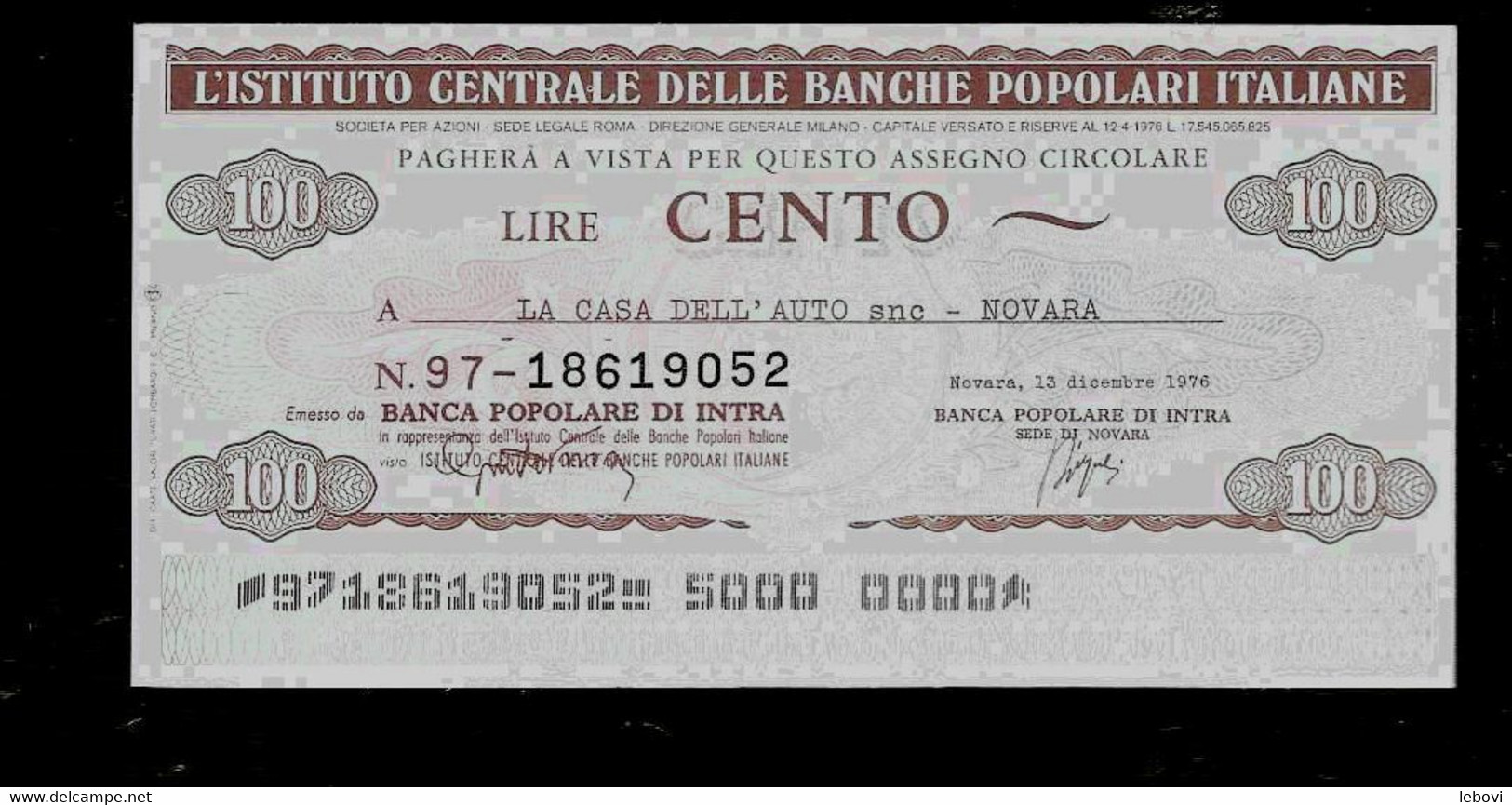 ITALIE – Istituto Centrale Delle Banche Poporari Italiane A La Ccasa Dell’auto NOVARA (1976) -  100 Lires - [ 4] Emissioni Provvisorie